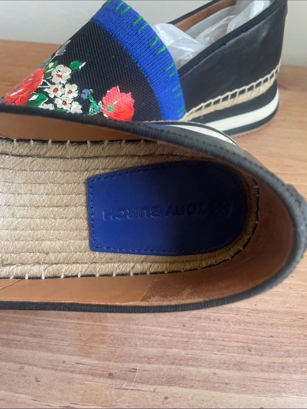 Tory Burch Black Floral Espadrille Slip-Ons with Blue Trim